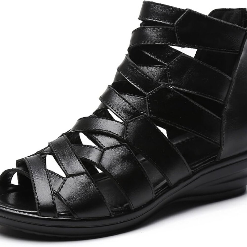 Women Leather Gladiator Sandals High Top Flat Wedges Summer Open Toe
